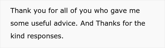 Text message on a screen expressing gratitude for useful advice and kind responses after taking out a restraining order against MIL.