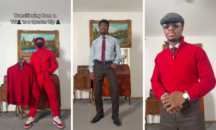Young Black men showcasing a style transformation with vibrant red and classic formal looks in an indoor setting.