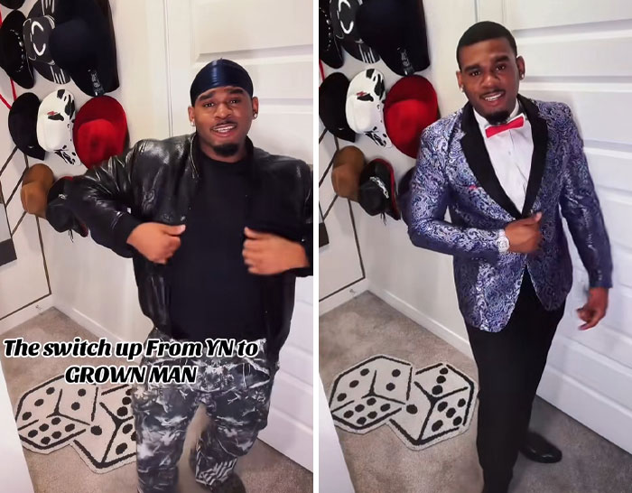 Young Black men showcasing a bold new trend, transforming their looks from casual to formal with confidence.