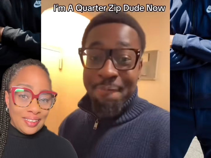 Two young Black men wearing glasses and quarter zip sweaters, showcasing a trend transforming their looks.