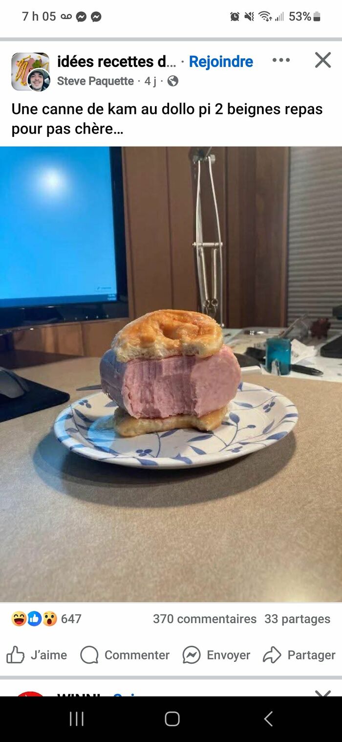 Unappetizing food pic showing a large block of processed meat sandwiched between two donuts on a plate.