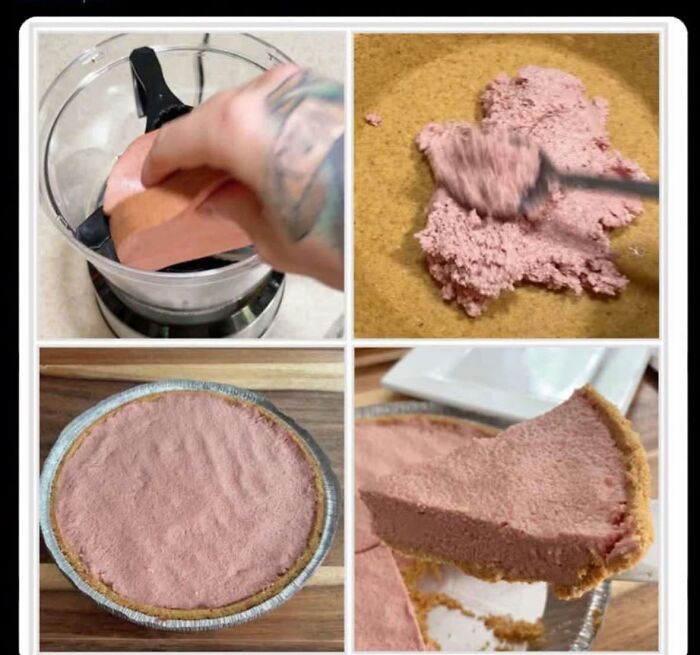 Collage of unappetizing food pics showing a blended pink mixture turned into an unusual homemade pie crust.