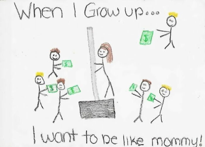Child's drawing of a woman at a pole surrounded by stick figures holding money in a funny flattering portrait by kids.