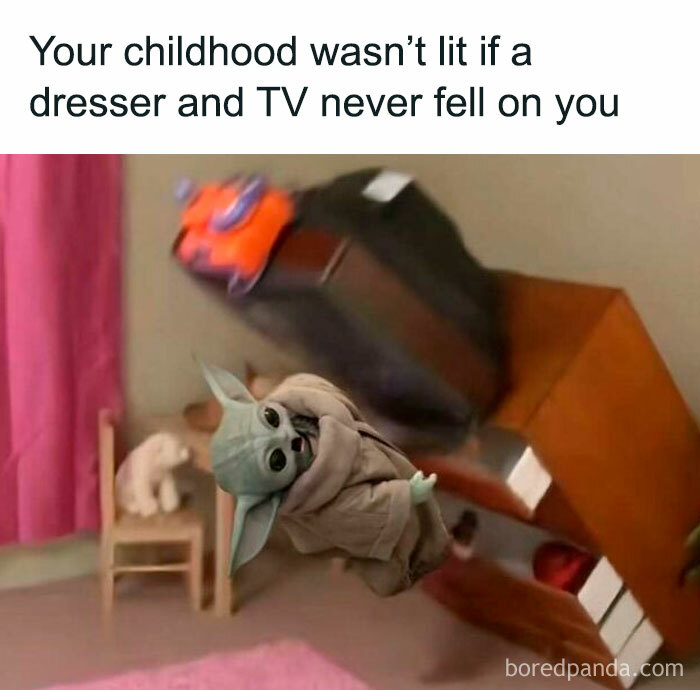 Meme showing Baby Yoda dodging falling dresser and TV, highlighting hilarious childhood memories for funny meme fans.