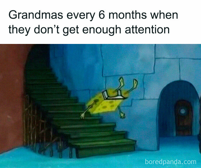 Screenshot of a funny meme featuring SpongeBob falling down stairs illustrating humor in memes.