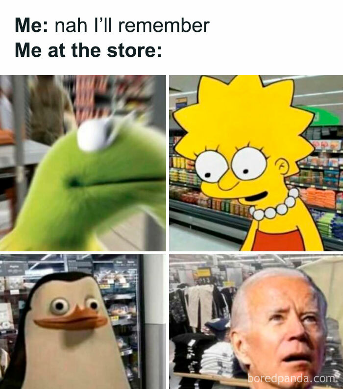 Meme collage with Kermit, Lisa Simpson, a penguin, and Joe Biden, illustrating forgetfulness at the store in a funny context.
