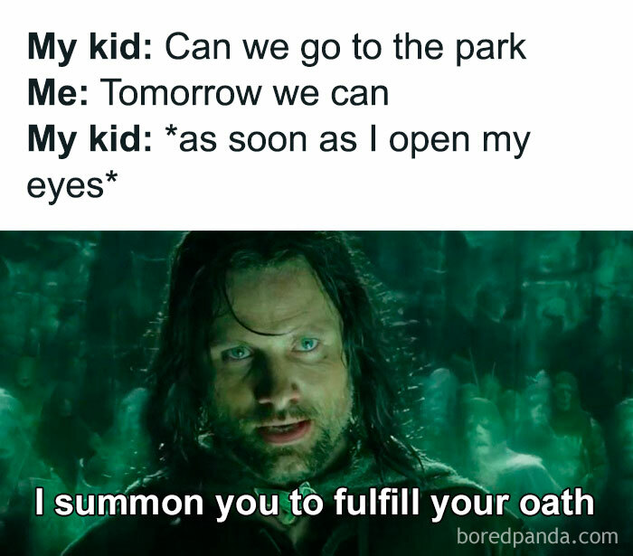 Parent memes showing a kid insisting on going to the park immediately, highlighting relatable parenting humor.