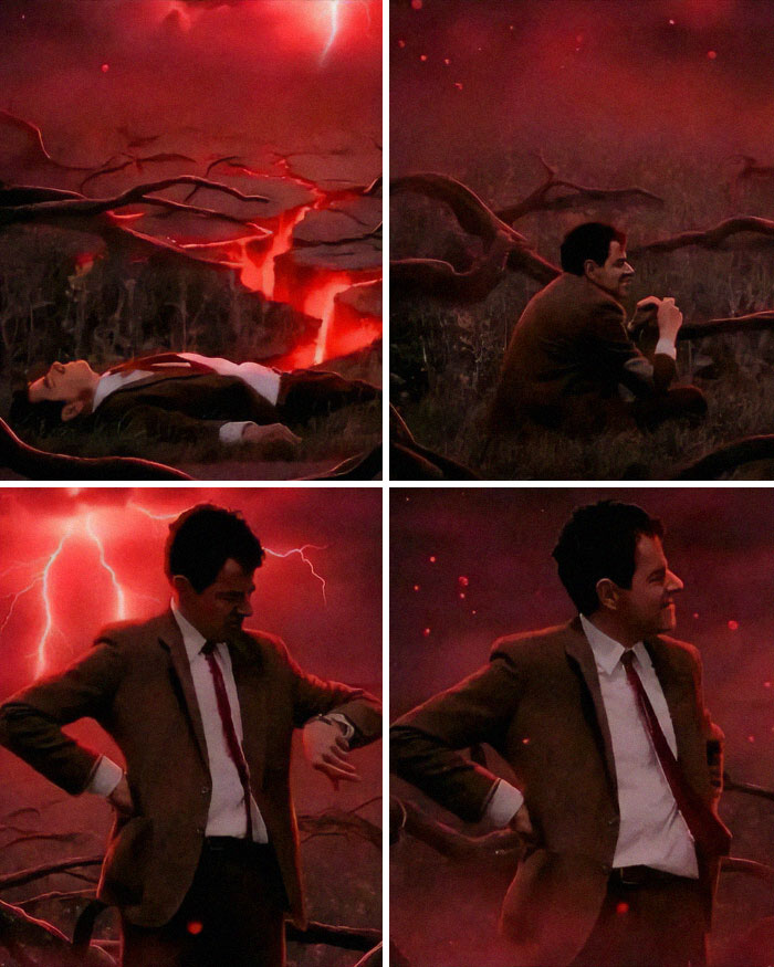 Four-panel meme featuring a man in a suit reacting dramatically in a dark, red-lit Stranger Things inspired setting.