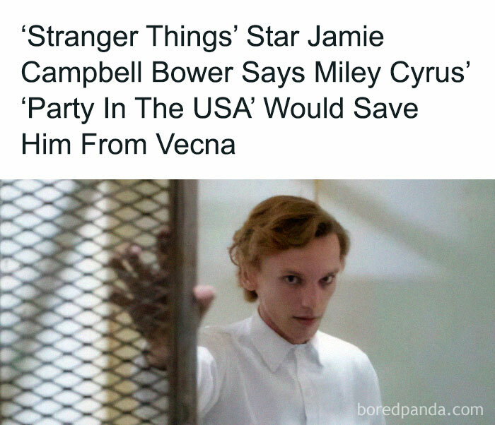 Stranger Things star Jamie Campbell Bower behind a metal door with text about Miley Cyrus saving him from Vecna.