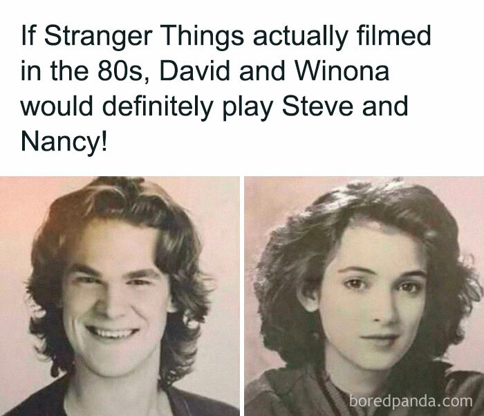 Black and white photos of 80s-style actors humorously imagined to play Steve and Nancy in Stranger Things memes.