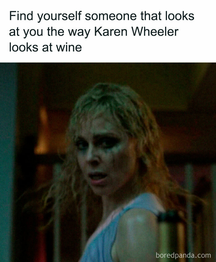 Woman with messy hair and smeared makeup looking intensely, featured in funny Stranger Things memes for entertainment.