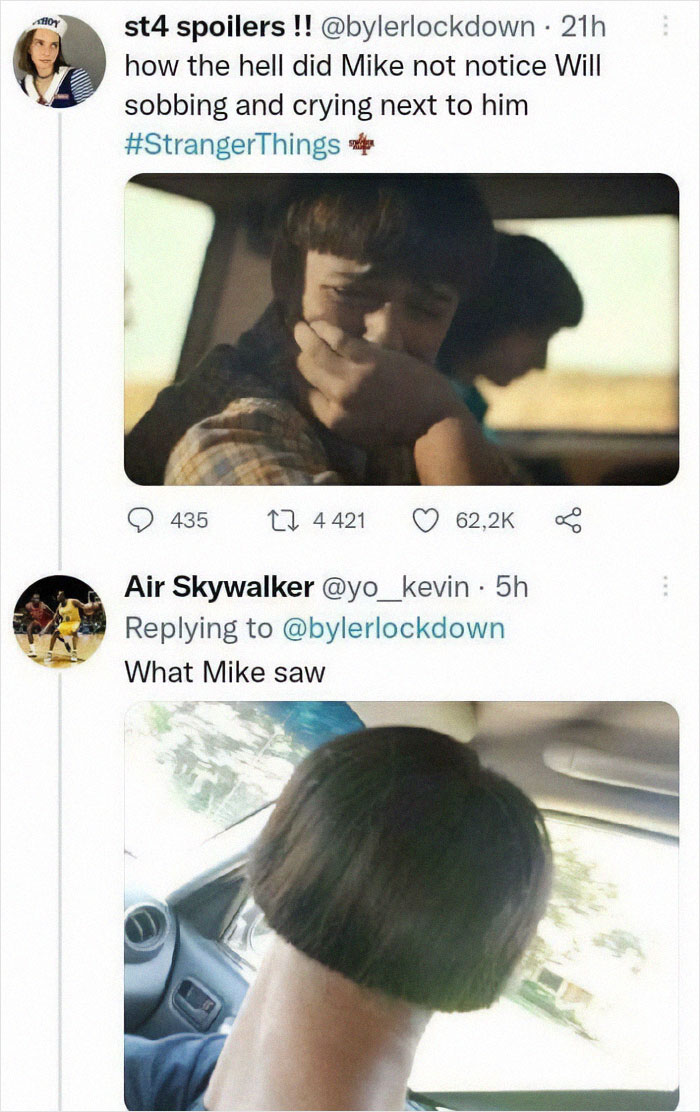 Funny Stranger Things meme showing a crying boy and a humorous reply with a person’s unusual haircut viewed from behind.
