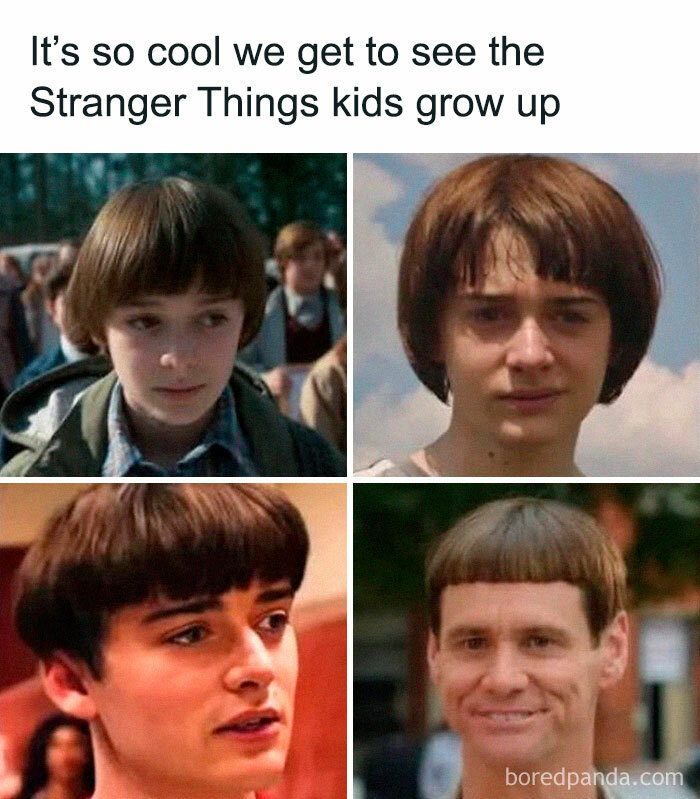 Four images showing Stranger Things kids growing up, featured in a collection of funny Stranger Things memes.
