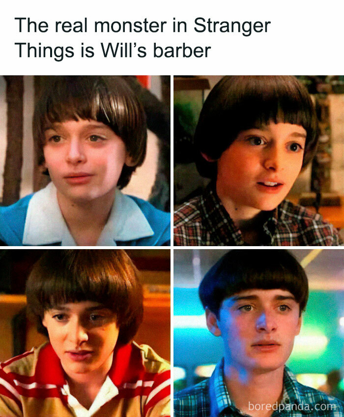 Funny Stranger Things meme showing four images of Will with a bowl haircut captioned about his barber being the real monster.