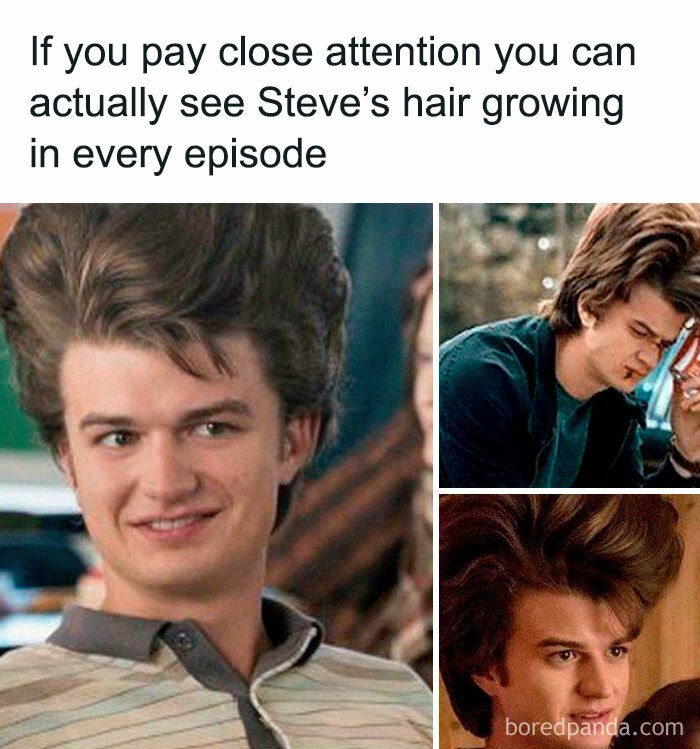 Funny Stranger Things memes showing Steve’s hair growing progressively longer in different episodes of the series.