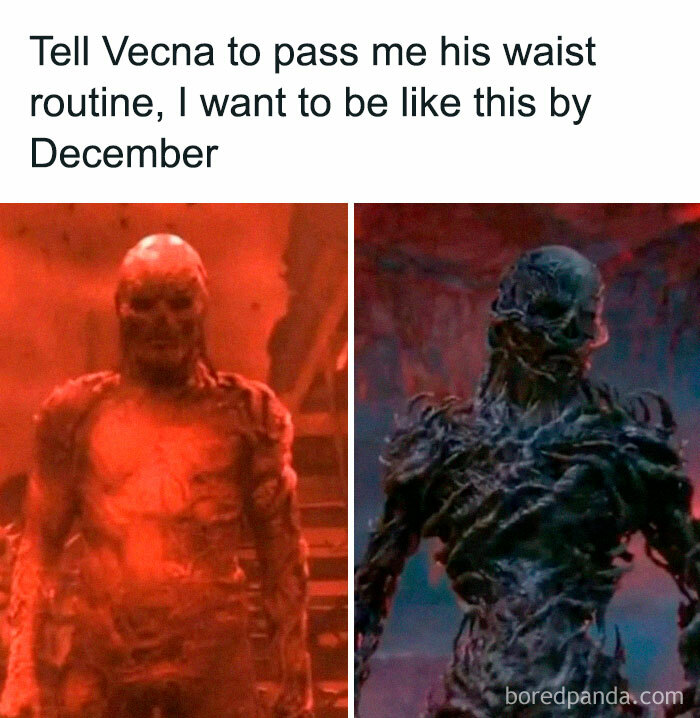 Stranger Things meme showing Vecna’s transformation with a humorous caption about his waist routine.