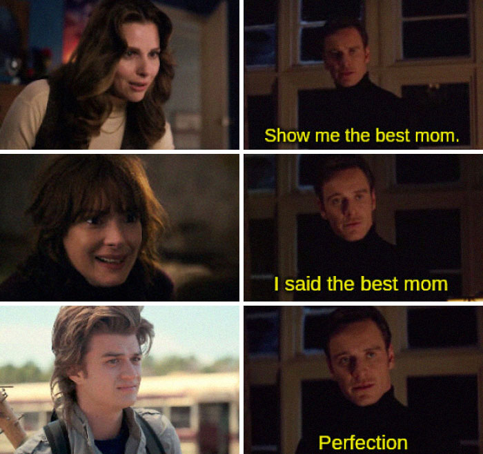 Stranger Things meme with characters debating who is the best mom, ending with a scene labeled Perfection.