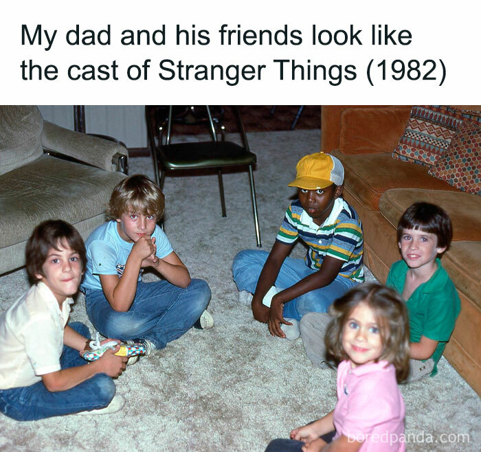 Group of kids sitting on a carpeted floor resembling Stranger Things characters, funny Stranger Things memes inspiration.
