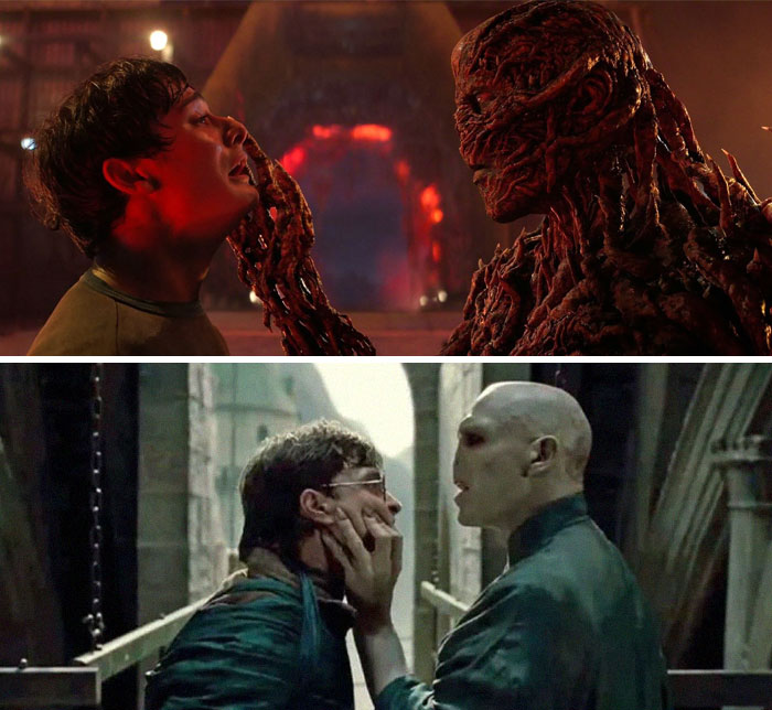Top image shows a Stranger Things character facing a monster, bottom image depicts Harry Potter with Voldemort in a meme crossover.