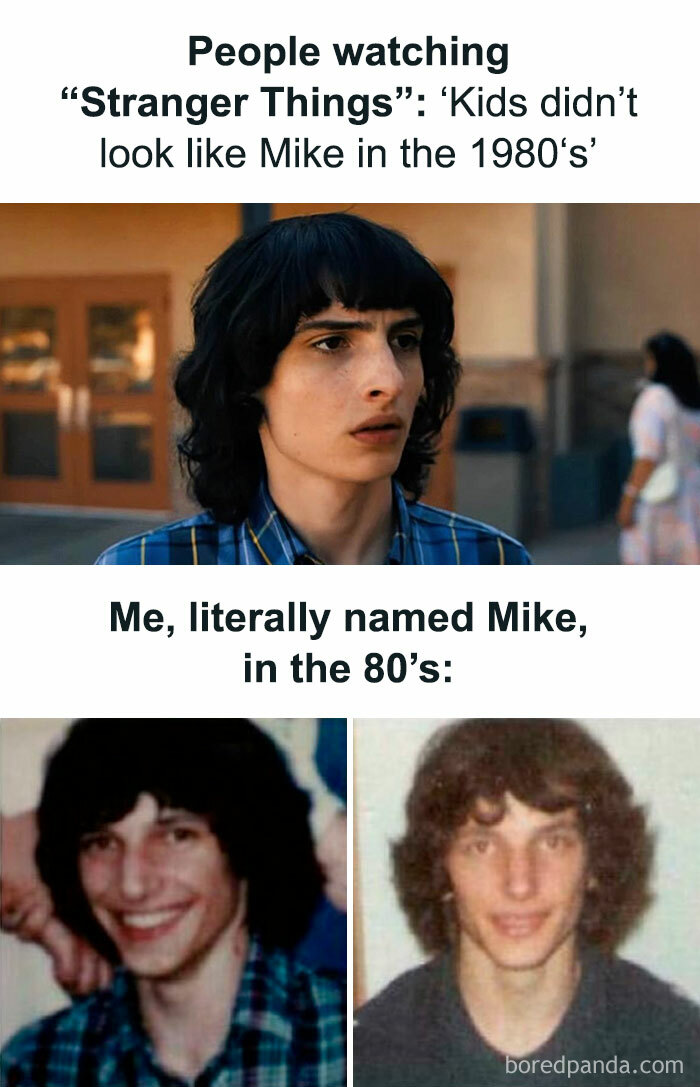 Person in a Stranger Things meme comparing 1980s kids named Mike to the show's character, featuring funny Stranger Things memes.