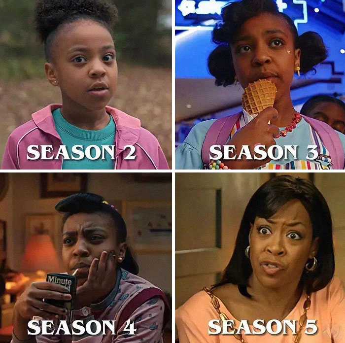 Character evolution meme from Stranger Things seasons 2 to 5 showcasing humorous expressions and style changes.