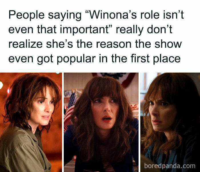 Three images of Winona Ryder from Stranger Things, highlighting her key role in popularizing the show with funny Stranger Things memes.