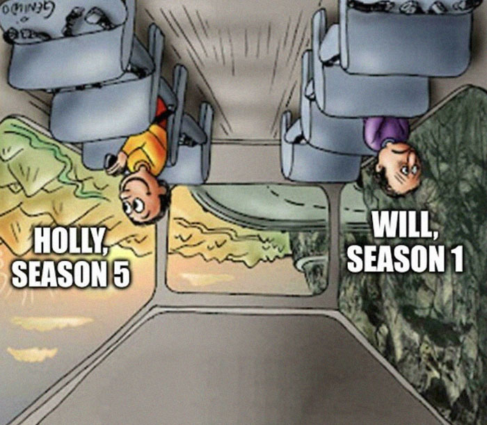 Upside-down cartoon of Holly and Will in school desks labeled with Stranger Things season 5 and season 1, funny Stranger Things memes.