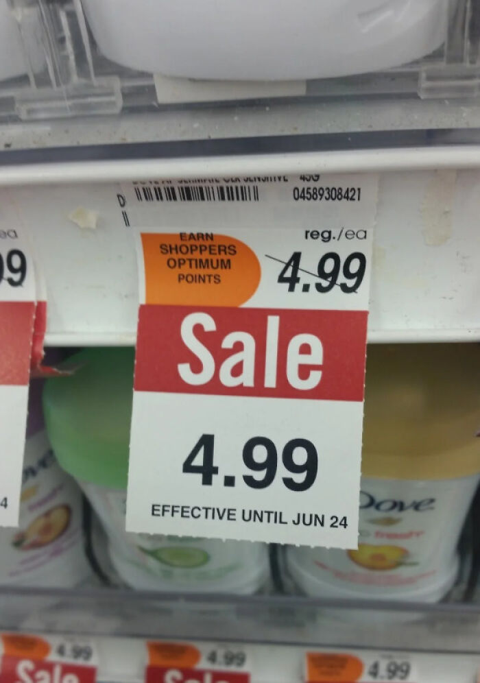 Price tag showing no discount with same sale price for pointless things that serve no purpose except for being funny.