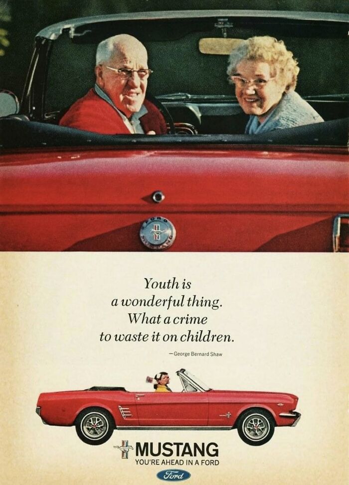 Vintage ad showing a red Ford Mustang with a quote about youth, illustrating how marketing worked in the past.