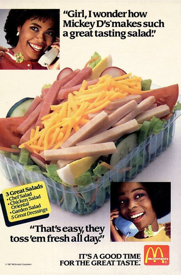 Vintage McDonald's ad showing two women talking on phones about fresh tossed salads with cheese and turkey slices.