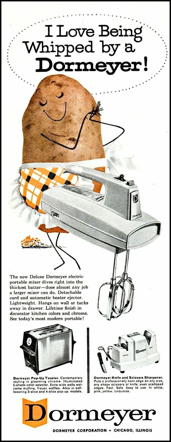 Vintage ad showing Dormeyer electric mixer with a happy potato character, highlighting retro marketing and vintage ads.