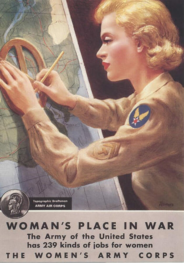 Vintage ad showing a woman in the Army Air Corps mapping, illustrating marketing strategies from the past.