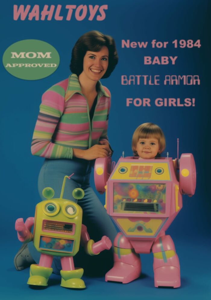 Vintage ad showing a woman and child with colorful toy robots, illustrating how marketing worked in the past.
