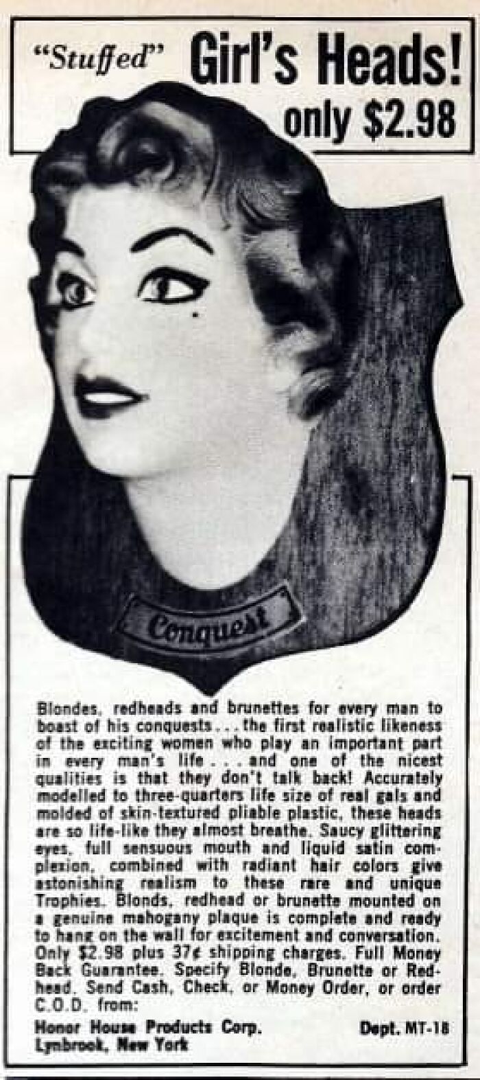 Vintage ad showing a novelty stuffed girl’s head on a mahogany plaque, illustrating past marketing techniques.