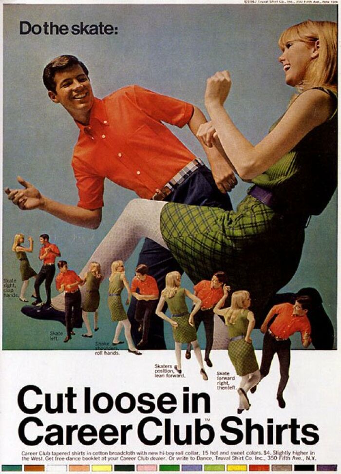 Vintage ads showing marketing styles with smiling man and woman demonstrating skating moves in colorful retro clothing.