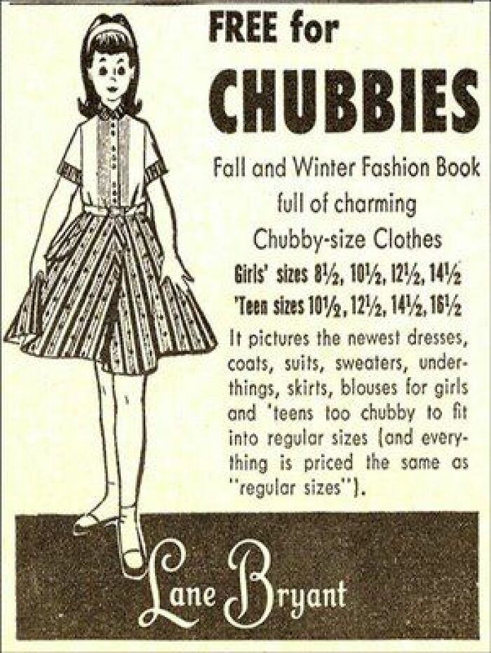 Vintage ad offering free fall and winter fashion book featuring chubby-size clothes for girls and teens from Lane Bryant.
