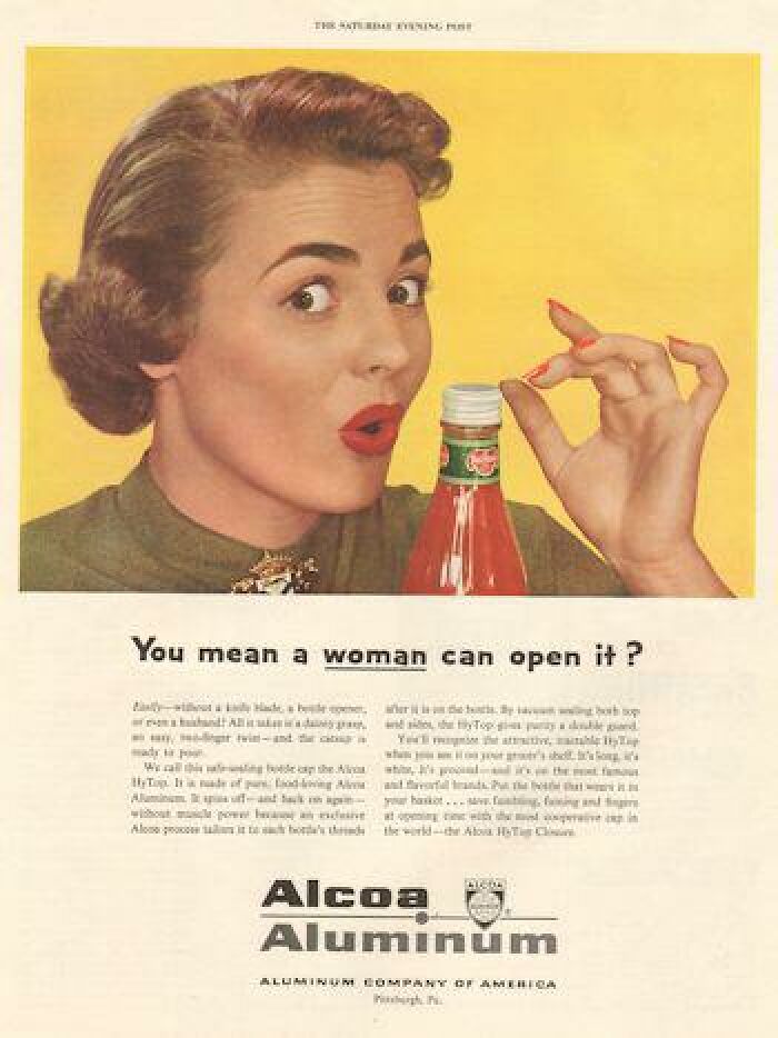 Vintage ad featuring a woman opening a ketchup bottle with an aluminum s***w cap, showcasing past marketing techniques.