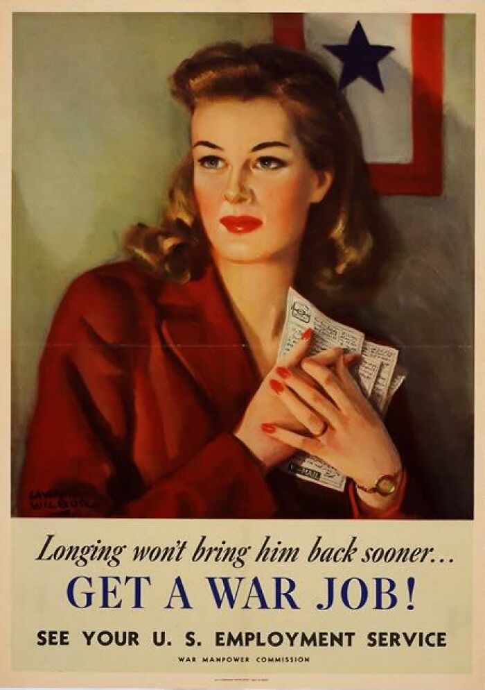 Vintage ad showing a woman holding papers, promoting war jobs as part of historical marketing in the past.