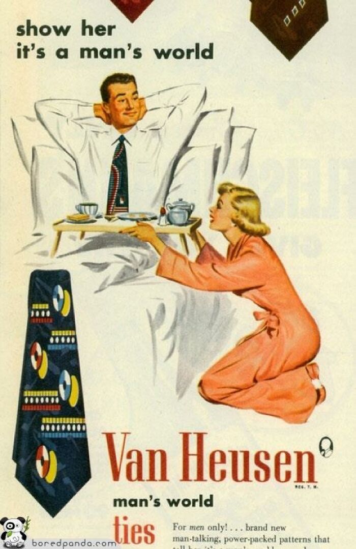 Vintage ad showing a woman serving breakfast in bed to a relaxed man, illustrating vintage marketing in a man's world.