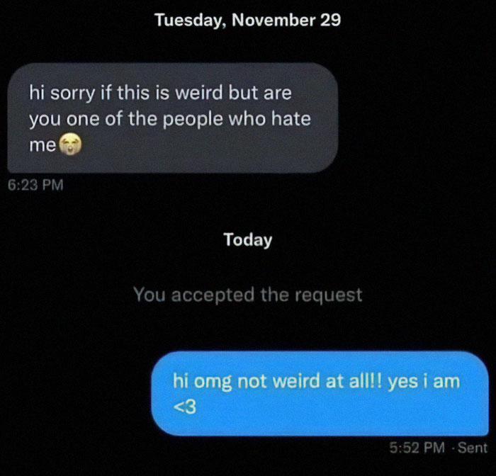 Screenshot of unhinged and weird texts conversation with a funny message exchange on a dark background.