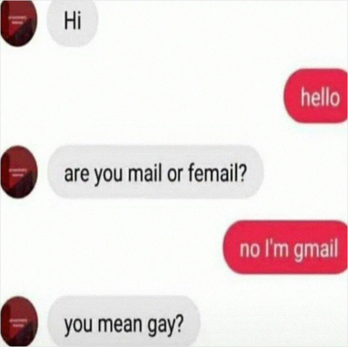 Screenshot of unhinged and weird text conversation with humorous wordplay on mail and gmail terms.