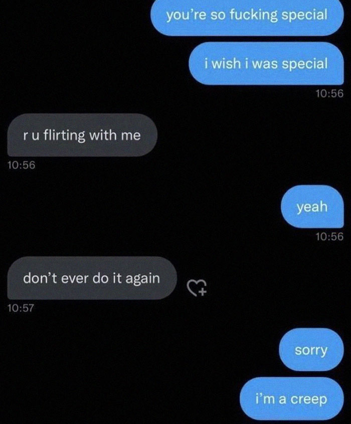 Text conversation showing unhinged and weird texts with a mix of flirtation and awkward apology on a dark background.
