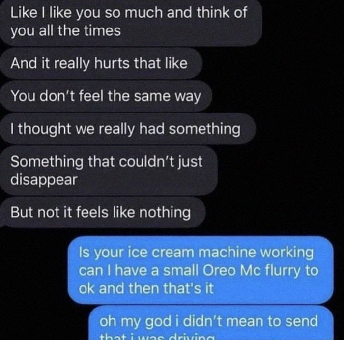 Text message exchange showing unhinged and weird texts with emotional and random topics mixed together.