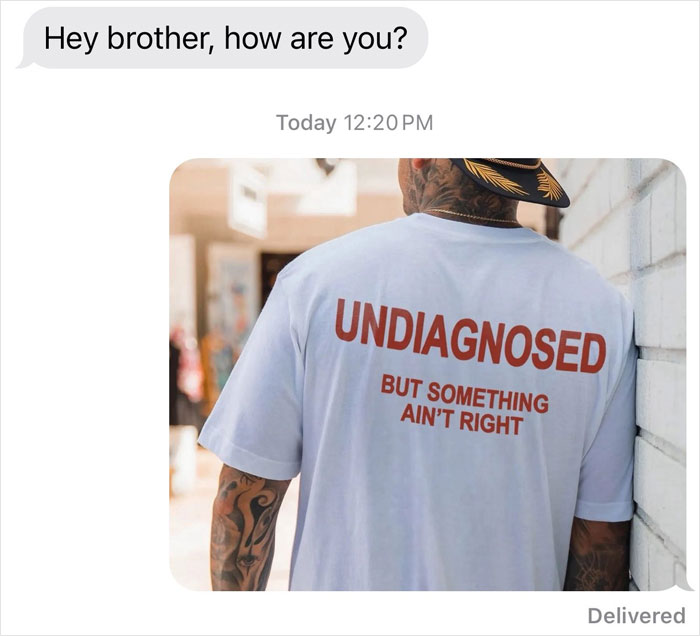 Text message conversation showing a humorous and unhinged text with a man wearing a funny graphic shirt.