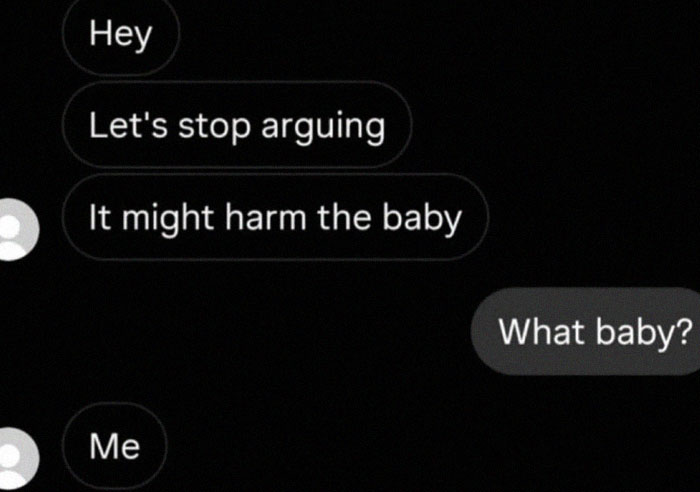 Text message conversation showing unhinged and weird texts with a humorous twist about harming the baby.