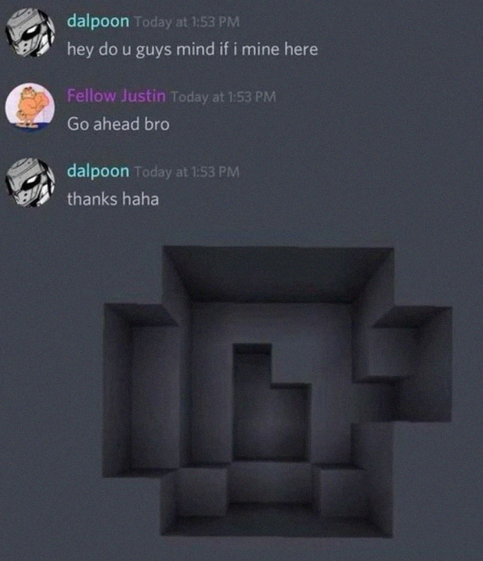 Chat conversation showing a funny and unhinged text exchange about mining with a Minecraft-style block image.
