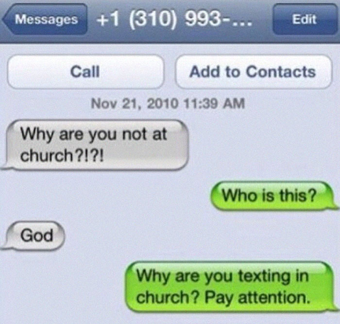 Screenshot of unhinged and weird texts showing a confusing conversation about being at church, with humorous replies.