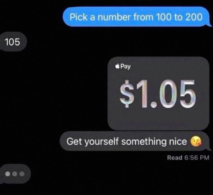 Text message exchange showing a funny and unhinged conversation with a money transfer of $1.05 via Apple Pay.