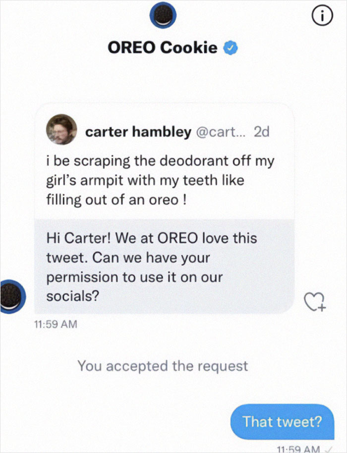 Social media exchange with OREO Cookie brand about a weird and unhinged text that sparks humor online.