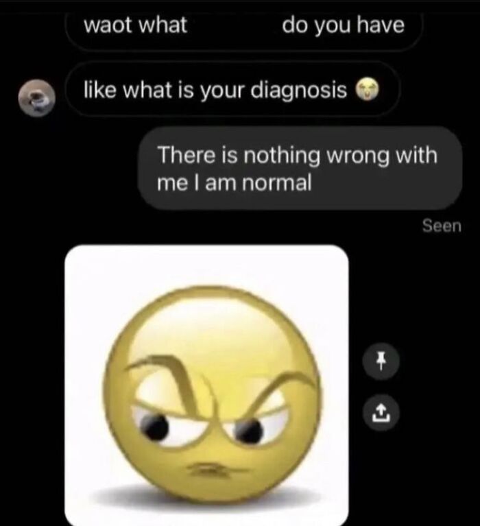 Screenshot of a weird text conversation with humorous and unhinged messages and an angry emoji reaction.